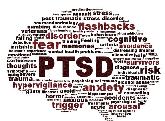 brain-shaped group of words that describe PTSD
