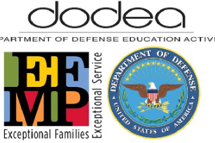 Department of Defense Education Activity logo, Exceptional Family Member Program Logo, and Department of Defense Seal