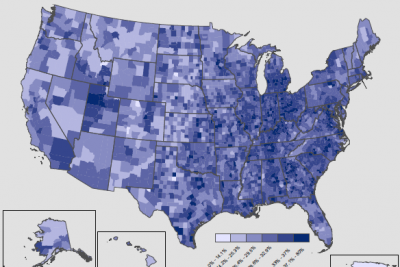 Map of the United States showing by color intensity locations of veterans with children