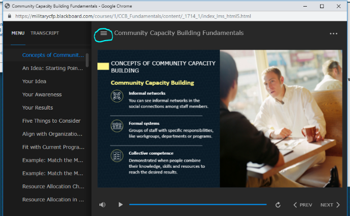 A screen from the e learning module on Community Capacity Building at Military OneSource My Training Hub showing the course outline.